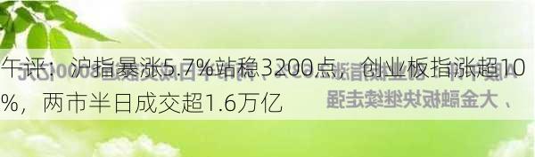 午评：沪指暴涨5.7%站稳3200点，创业板指涨超10%，两市半日成交超1.6万亿