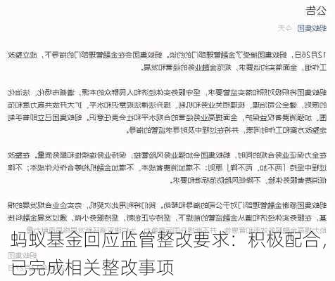 蚂蚁基金回应监管整改要求：积极配合，已完成相关整改事项