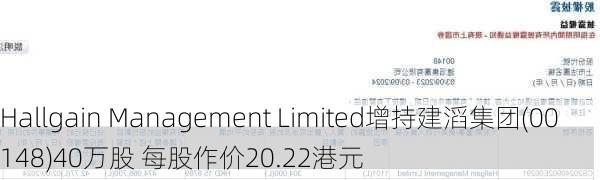 Hallgain Management Limited增持建滔集团(00148)40万股 每股作价20.22港元