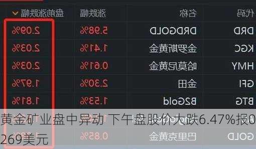 黄金矿业盘中异动 下午盘股价大跌6.47%报0.269美元