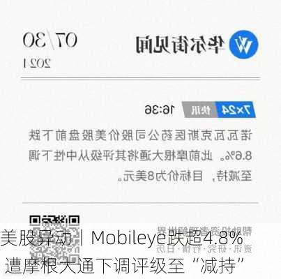 美股异动丨Mobileye跌超4.8% 遭摩根大通下调评级至“减持”