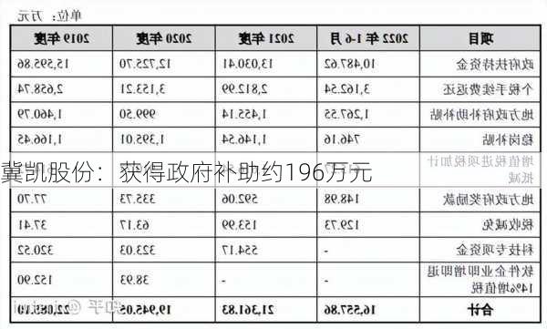 冀凯股份：获得政府补助约196万元