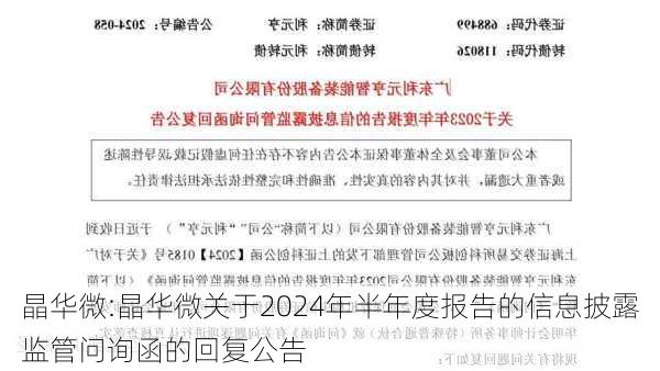 晶华微:晶华微关于2024年半年度报告的信息披露监管问询函的回复公告