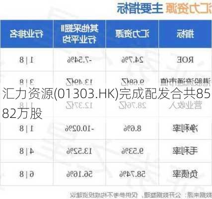 汇力资源(01303.HK)完成配发合共8582万股