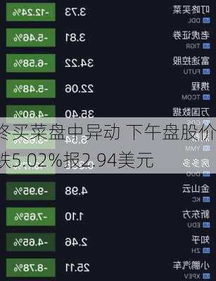 叮咚买菜盘中异动 下午盘股价大跌5.02%报2.94美元