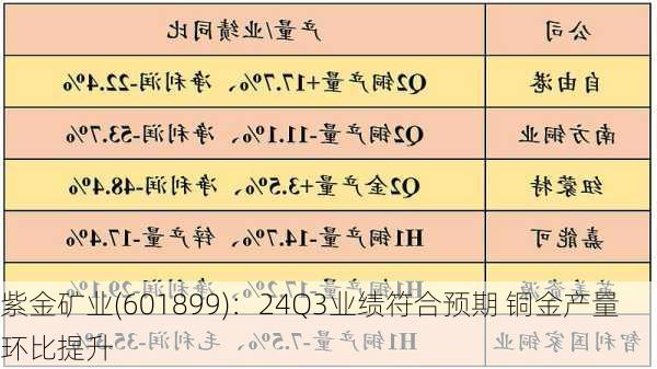 紫金矿业(601899)：24Q3业绩符合预期 铜金产量环比提升