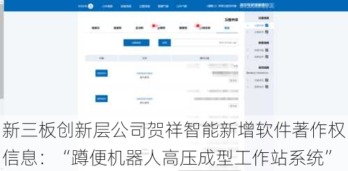 新三板创新层公司贺祥智能新增软件著作权信息：“蹲便机器人高压成型工作站系统”