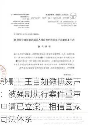 秒删！王自如微博发声：被强制执行案件重审申请已立案，相信国家司法体系