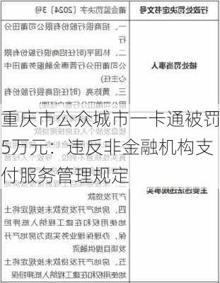 重庆市公众城市一卡通被罚5万元：违反非金融机构支付服务管理规定