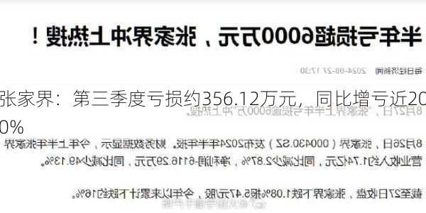 张家界：第三季度亏损约356.12万元，同比增亏近200%