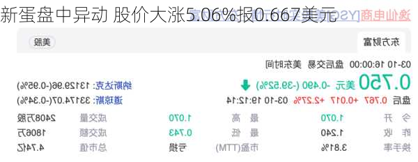 新蛋盘中异动 股价大涨5.06%报0.667美元