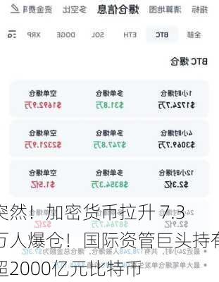 突然！加密货币拉升 7.3万人爆仓！国际资管巨头持有超2000亿元比特币