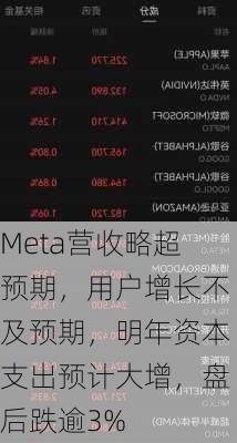 Meta营收略超预期，用户增长不及预期，明年资本支出预计大增，盘后跌逾3%