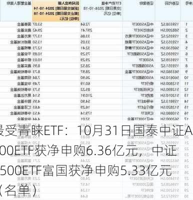 最受青睐ETF：10月31日国泰中证A500ETF获净申购6.36亿元，中证A500ETF富国获净申购5.33亿元（名单）