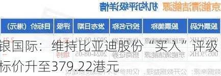 交银国际：维持比亚迪股份“买入”评级 目标价升至379.22港元