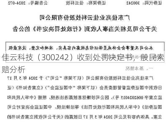 佳云科技（300242）收到处罚决定书，股民索赔分析