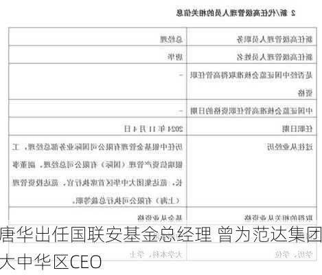 唐华出任国联安基金总经理 曾为范达集团大中华区CEO