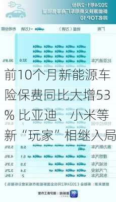 前10个月新能源车险保费同比大增53% 比亚迪、小米等新“玩家”相继入局