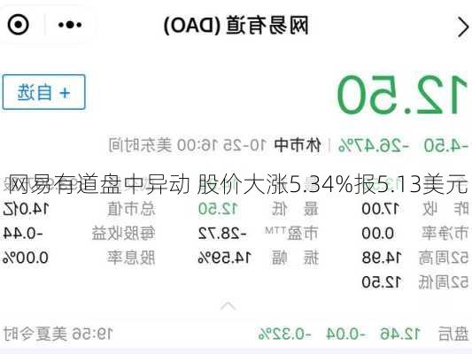 网易有道盘中异动 股价大涨5.34%报5.13美元