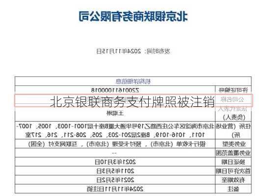 北京银联商务支付牌照被注销