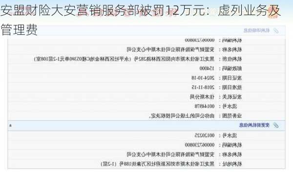 安盟财险大安营销服务部被罚12万元：虚列业务及管理费