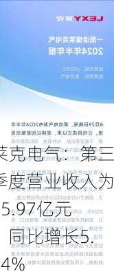 莱克电气：第三季度营业收入为25.97亿元，同比增长5.84%