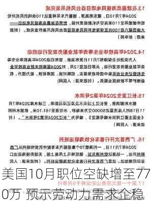 美国10月职位空缺增至770万 预示劳动力需求企稳