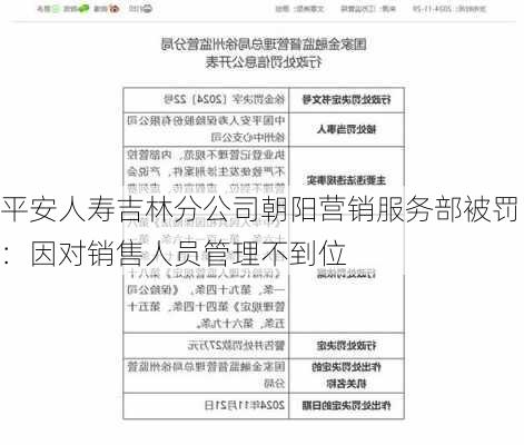 平安人寿吉林分公司朝阳营销服务部被罚：因对销售人员管理不到位