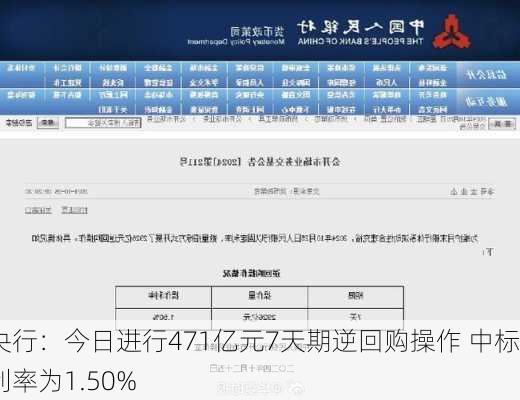 央行：今日进行471亿元7天期逆回购操作 中标利率为1.50%