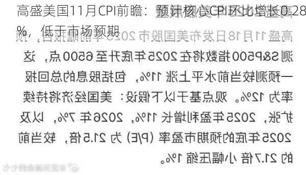 高盛美国11月CPI前瞻：预计核心CPI环比增长0.28%，低于市场预期