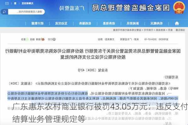 广东惠东农村商业银行被罚43.05万元：违反支付结算业务管理规定等