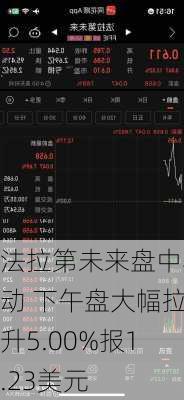 法拉第未来盘中异动 下午盘大幅拉升5.00%报1.23美元